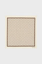 A cream-colored carré soie square scarf featuring a repeating brown geometric pattern, bordered by double brown lines. The monogramme GD and “Gerard Darel” are printed in small brown text in one corner, making this an élégante édition limitée accessory.