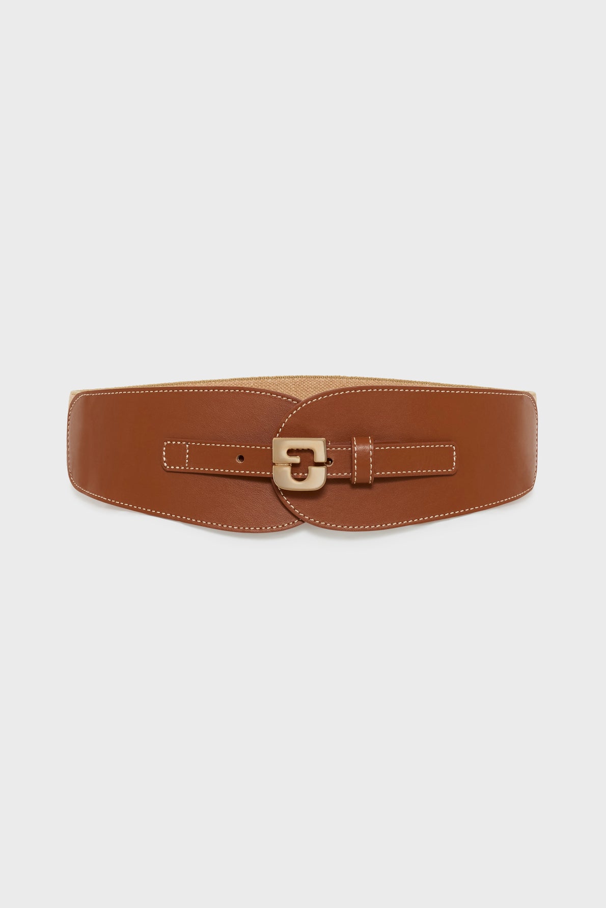 Wide brown leather belt with a tan buckle and visible white stitching, reminiscent of a ceinture corset silhouette, displayed on a plain white background.