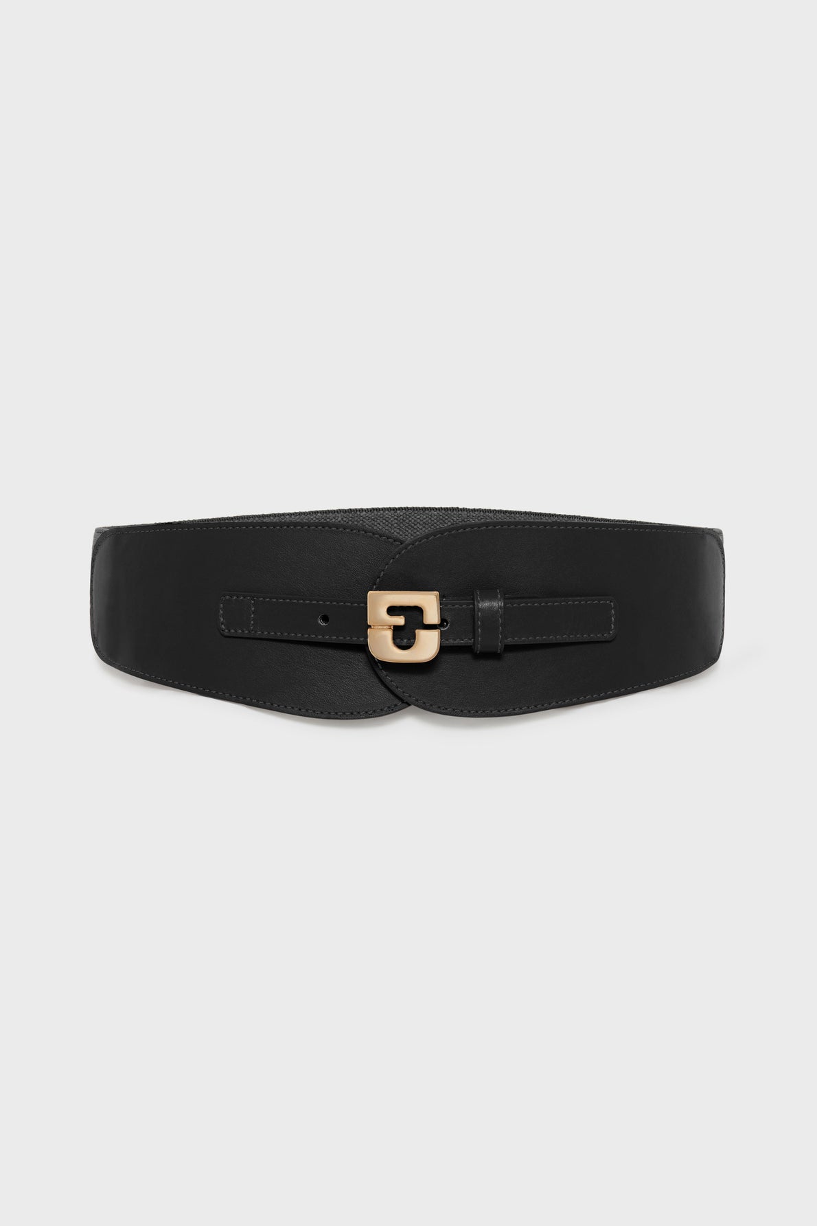 A wide black leather belt with a curved design, reminiscent of a ceinture corset, and a gold rectangular buckle at the center.