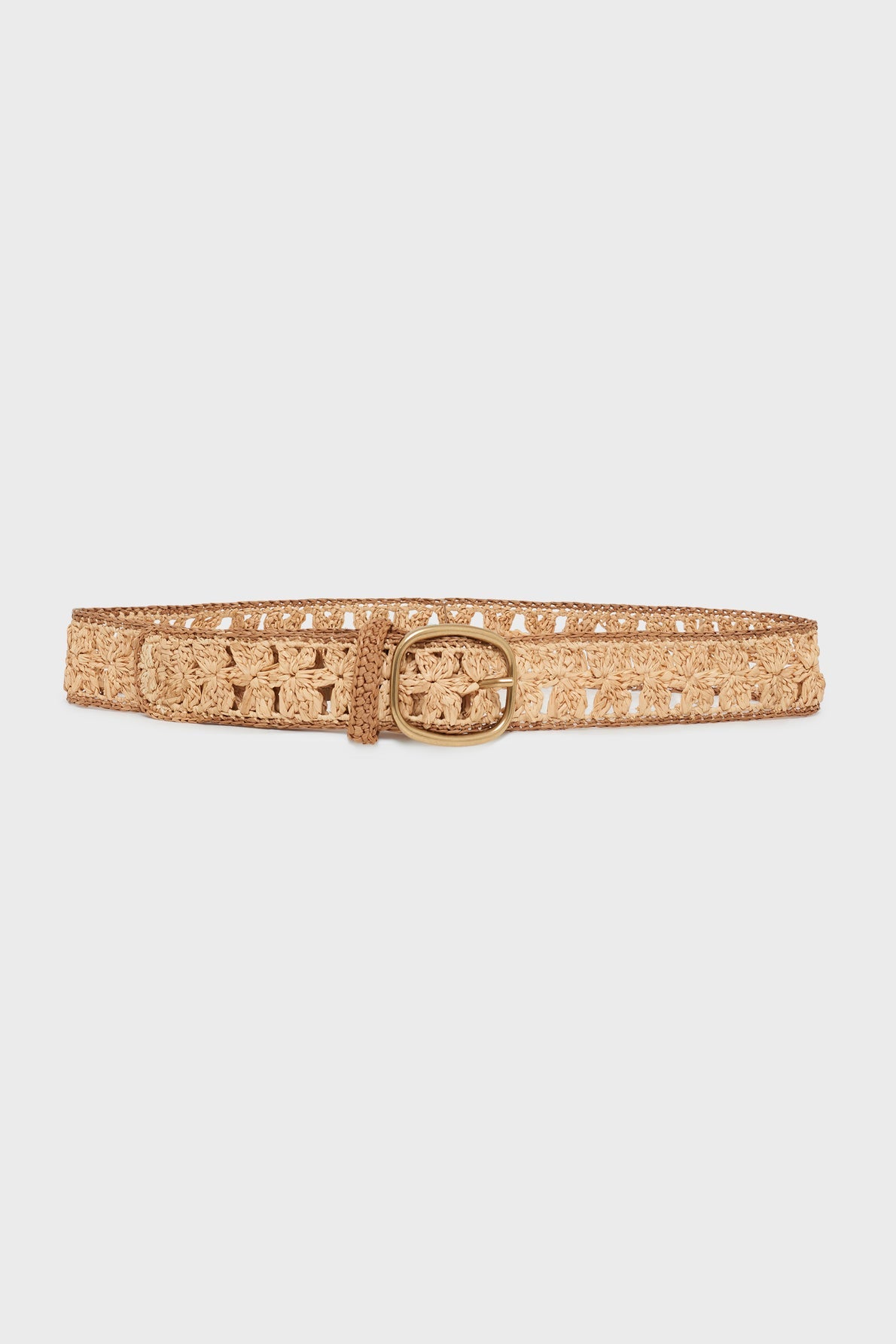 Tan woven belt with a gold oval buckle, featuring an intricate, lacy pattern and texture, displayed against a plain white background.