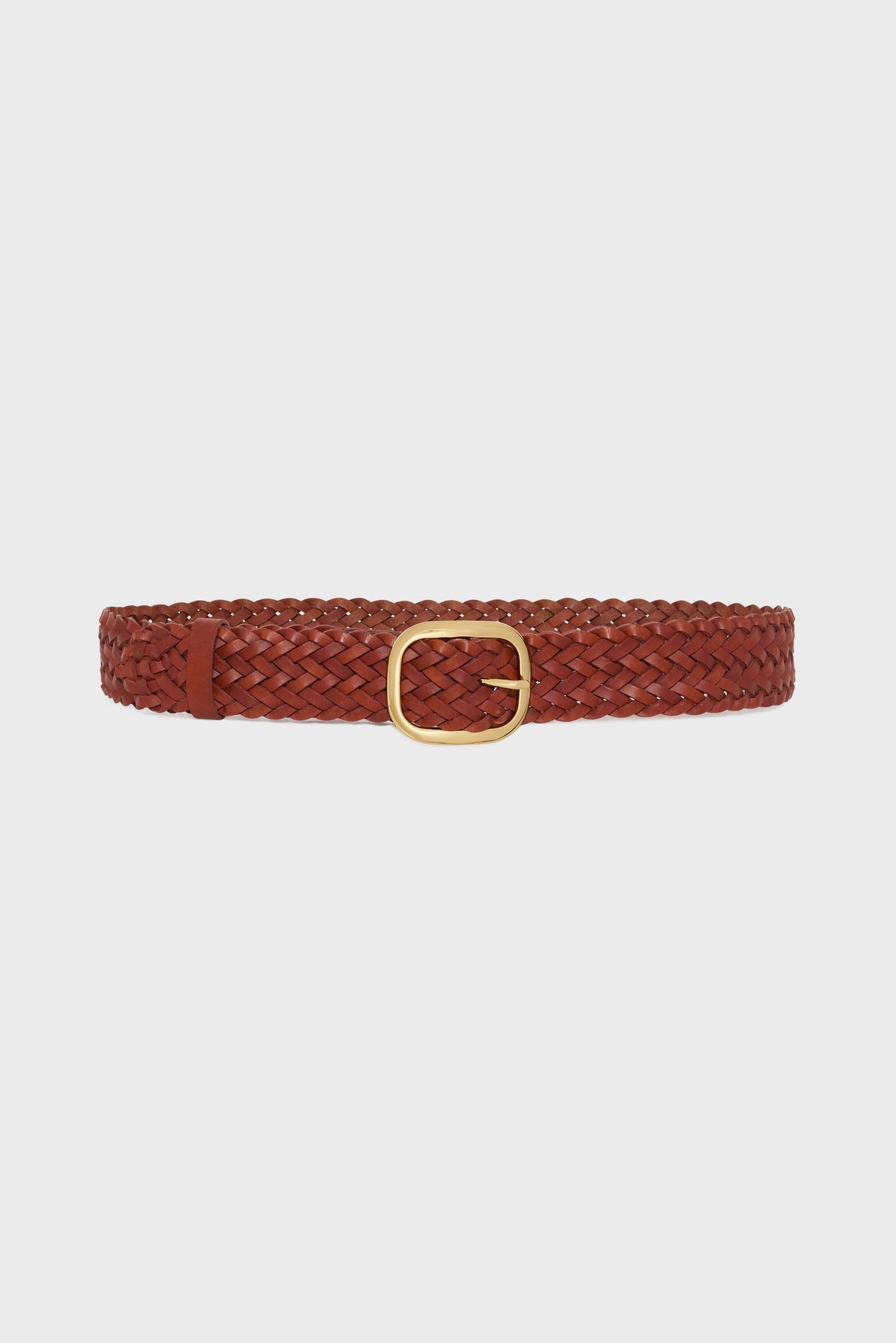 A brown ceinture tressée en cuir with a gold rectangular buckle, displayed against a plain white background.
