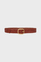 A brown ceinture tressée en cuir with a gold rectangular buckle, displayed against a plain white background.