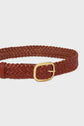 A brown ceinture tressée en cuir with a gold rectangular buckle is shown against a white background.
