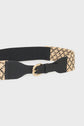 A wide woven beige and black belt, reminiscent of a ceinture artisanale, with a black leather buckle and gold hardware, displayed on a white background.