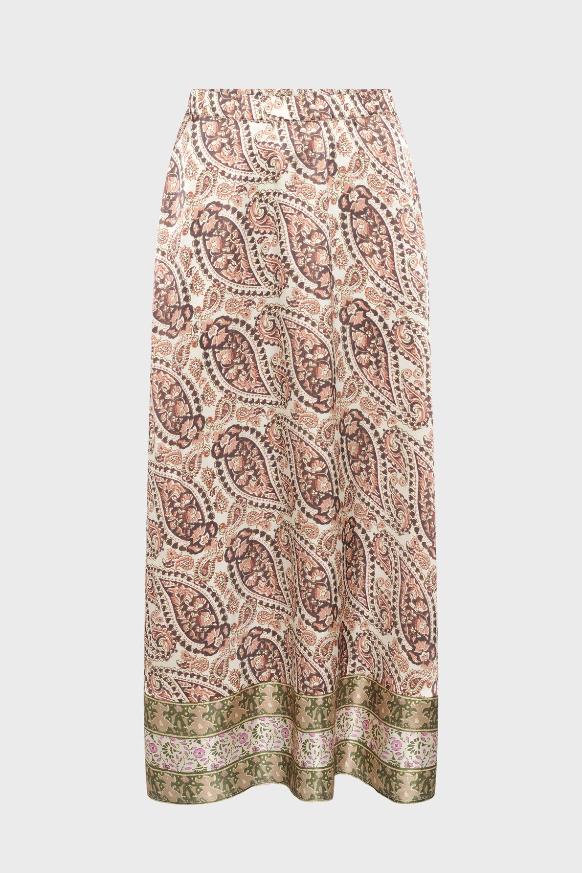 Long jupe longue with an all-over paisley print in shades of brown and pink, featuring a green and pink motif floral border at the hem, crafted from soft soie and displayed against a plain white background.