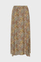 A long, flowy jupe longue with a vintage-style motif floral in shades of brown, yellow, pink, and green, evoking un esprit bohème and displayed against a plain white background.