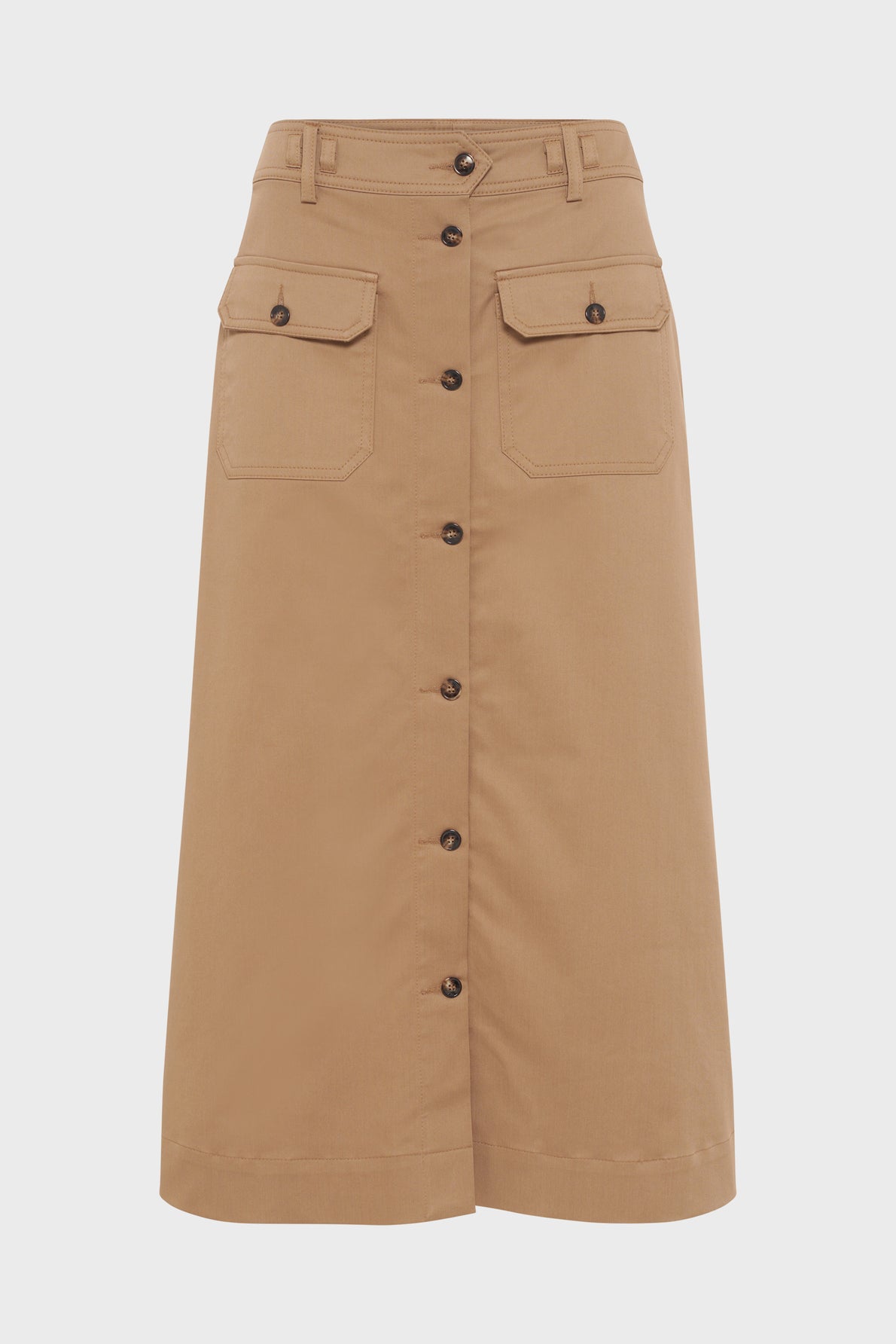 A tan, knee-length A-line skirt with front buttons, two front flap pockets, belt loops, and a structured waistband, displayed on a plain white background.