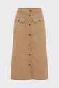 A tan, knee-length A-line skirt with front buttons, two front flap pockets, belt loops, and a structured waistband, displayed on a plain white background.