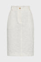 White knee-length pencil skirt with a subtle floral textured pattern, front button and zip closure, belt loops, and a tailored fit. The background is plain and light-colored.
