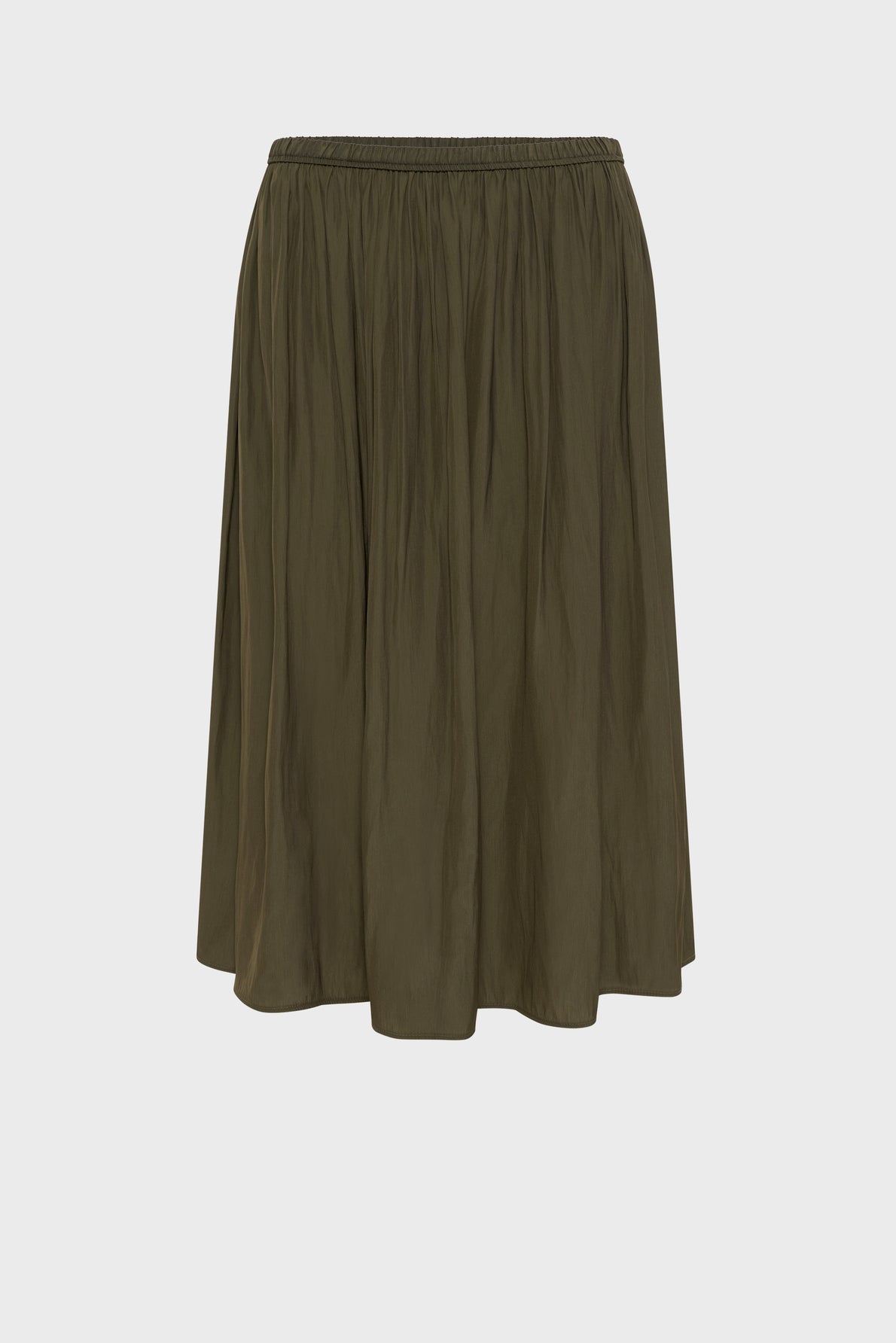 An olive green, knee-length, A-line skirt with an elastic waistband and a slightly crinkled texture, displayed on a plain white background.