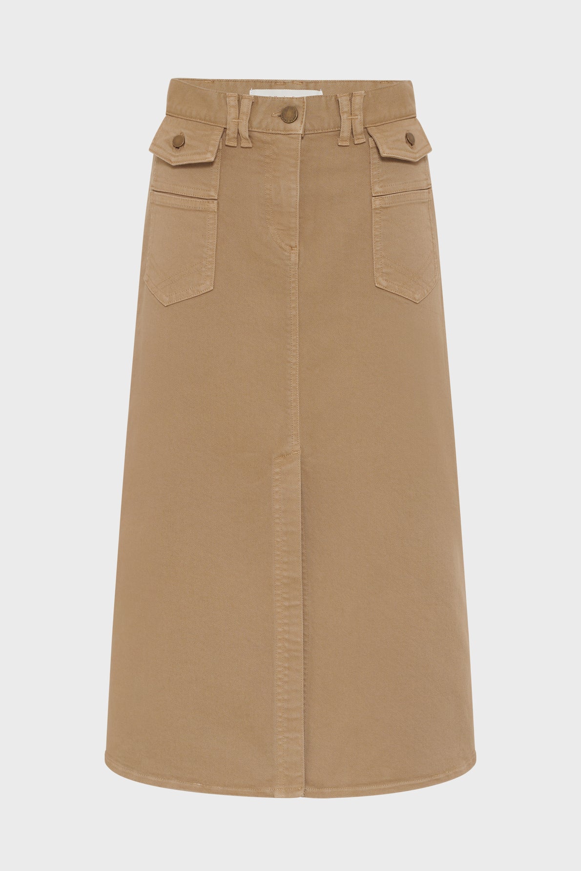 A tan A-line skirt with a front seam, two flap pockets at the waist, belt loops, and a button and zipper closure.