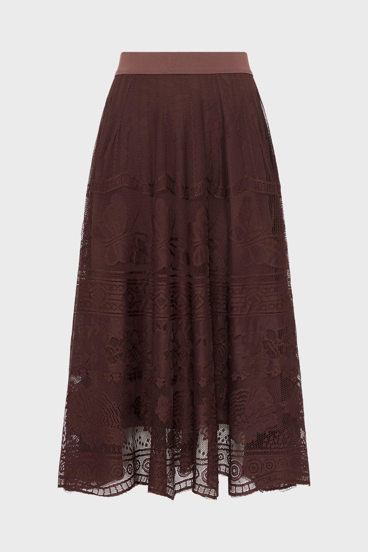 A brown, knee-length lace skirt with a fitted waistband and intricate floral patterns, displayed against a plain white background.