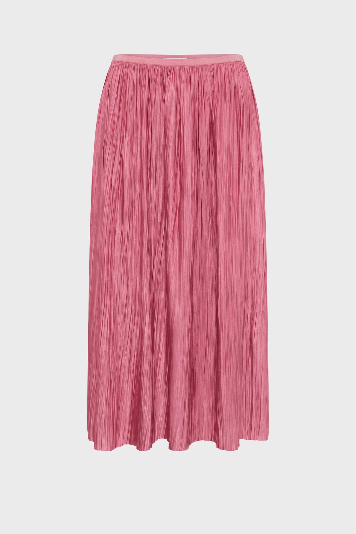 A pink pleated midi skirt with a gathered waistband, displayed against a plain white background.
