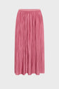 A pink pleated midi skirt with a gathered waistband, displayed against a plain white background.
