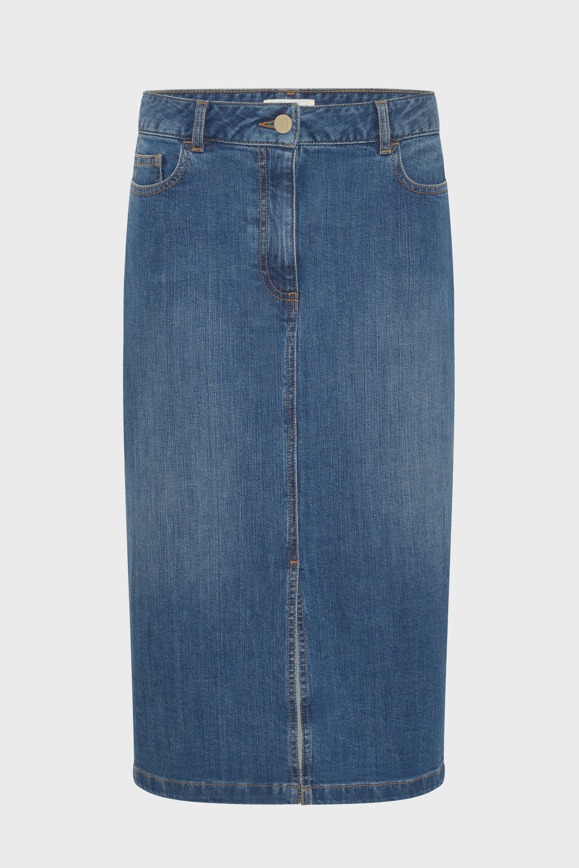 A blue denim knee-length pencil skirt, also known as a jupe droite en denim, with belt loops, front button, and pockets, displayed on a plain white background.