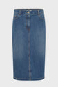 A blue denim knee-length pencil skirt, also known as a jupe droite en denim, with belt loops, front button, and pockets, displayed on a plain white background.