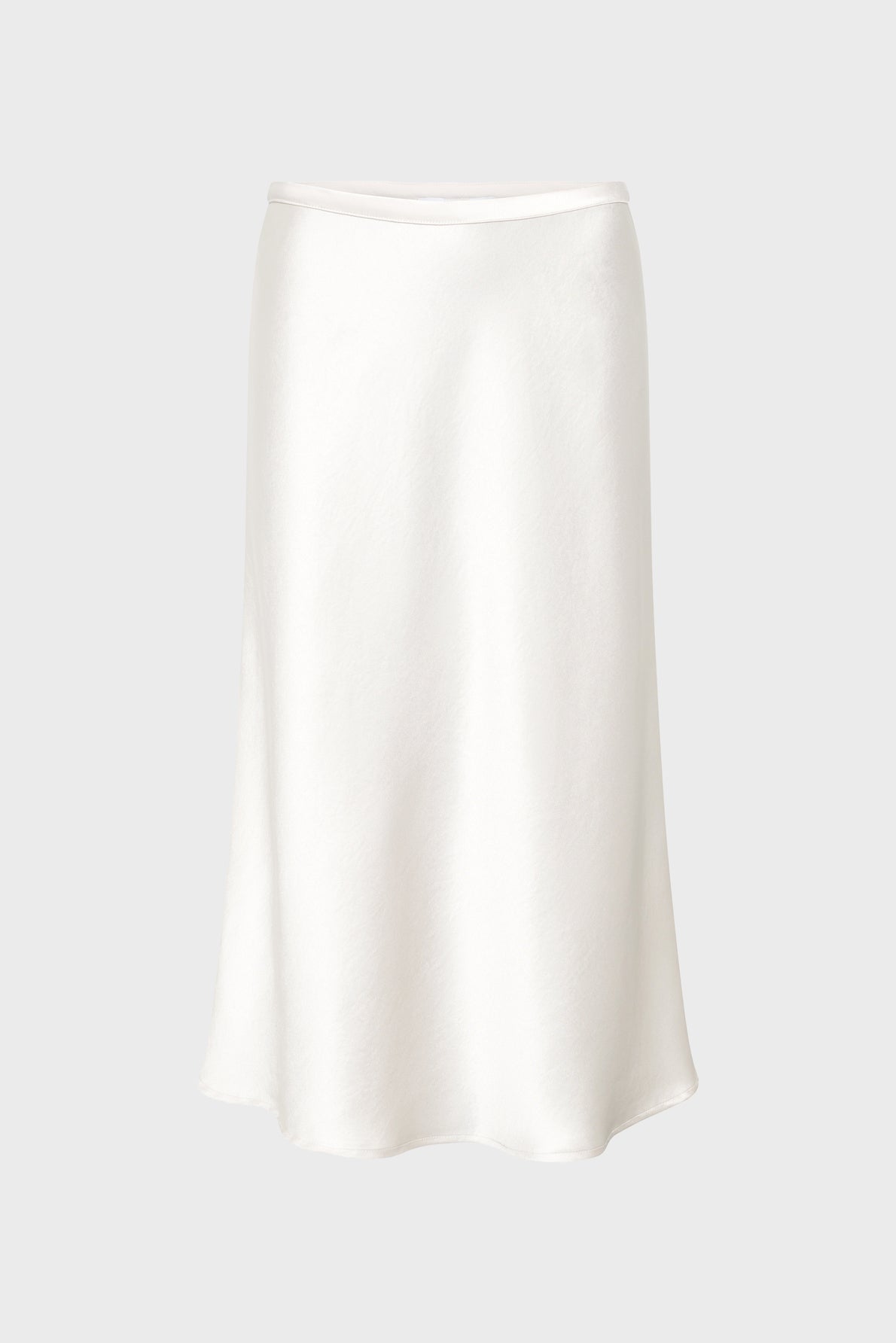A plain white, knee-length, A-line jupe satin is displayed on a neutral light gray background.