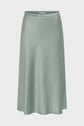 Light sage green jupe satin midi skirt with a slight A-line silhouette, subtle sheen, and an elastic waistband, displayed against a plain white background. This chic jupe midi style brings effortless elegance to any wardrobe.