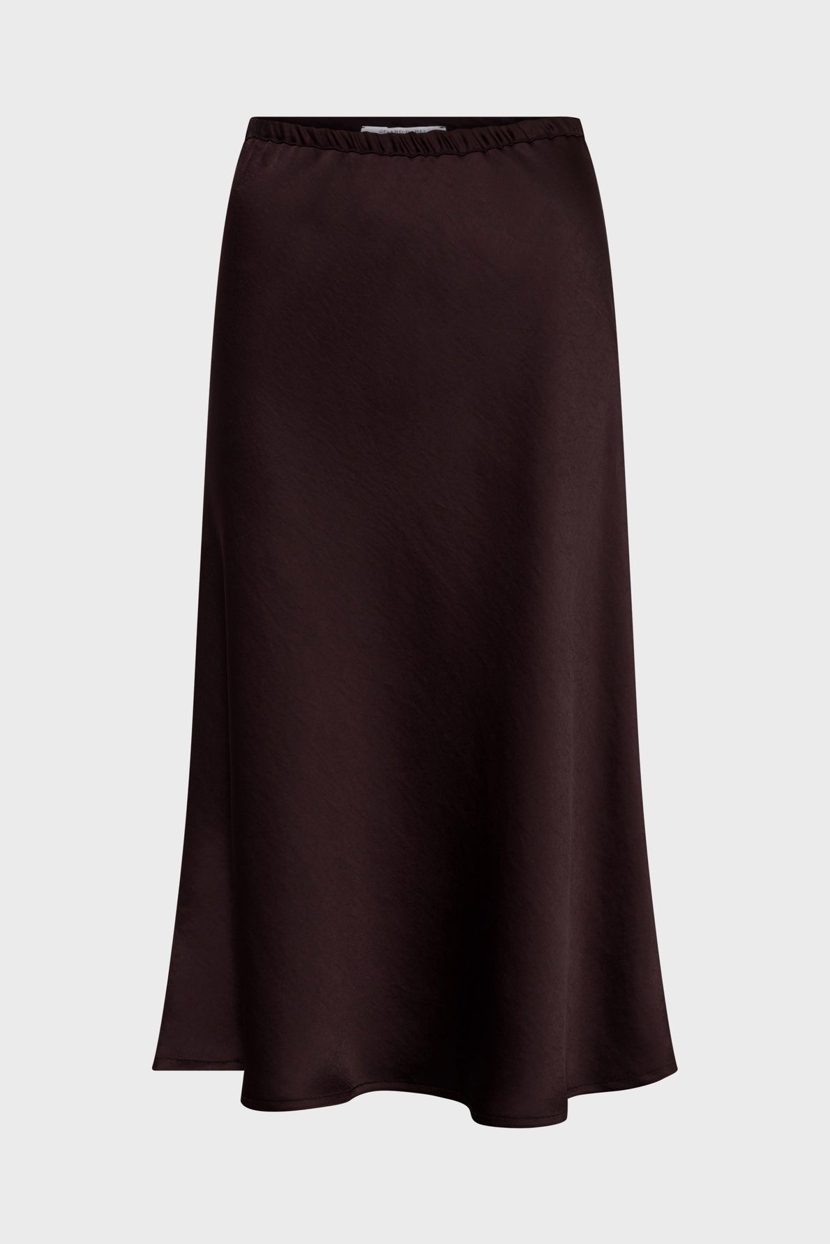 A dark brown, satin-finish midi skirt with an elastic waistband, displayed against a plain light gray background.