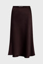 A dark brown, satin-finish midi skirt with an elastic waistband, displayed against a plain light gray background.