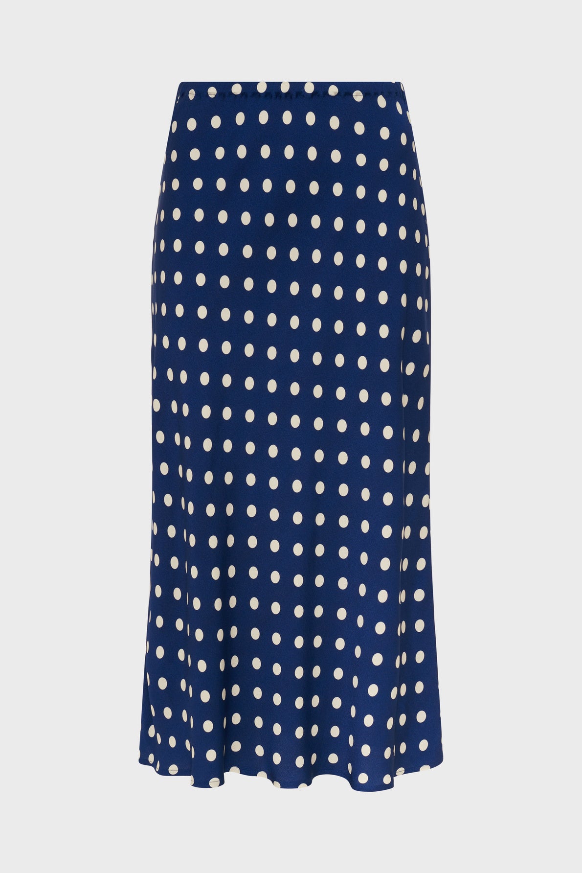 A navy blue jupe midi with a chic motif à pois, displayed on a plain white background.