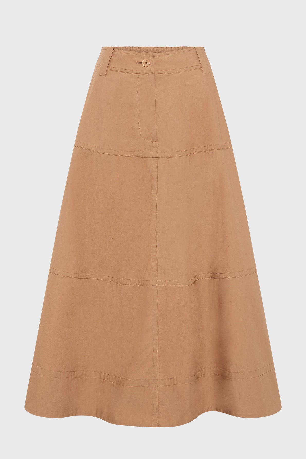 A tan, A-line maxi skirt with visible seam detailing, belt loops, and a front button and zip closure, displayed on a plain white background. This jupe camel is crafted from soft cotton for effortless comfort and style.