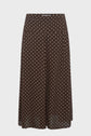 Brown, high-waisted, wide-leg culottes with a white polka dot pattern evoke the playful elegance of a jupe à pois, displayed on a plain white background.