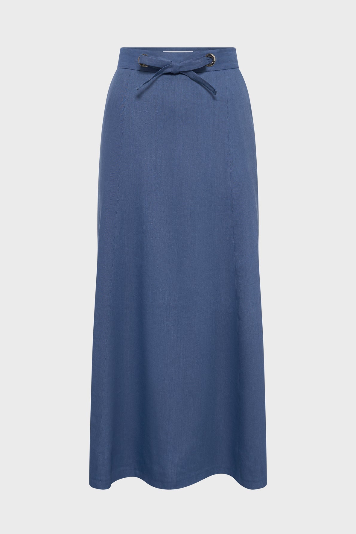 A long, blue skirt with a high waist and a drawstring tie at the waistband, displayed against a plain white background.