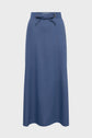 A long, blue skirt with a high waist and a drawstring tie at the waistband, displayed against a plain white background.