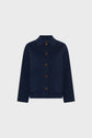 A navy blue, button-up jacket with a collar, two front pockets, and long sleeves, displayed on a plain white background.