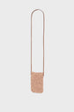 A small porte-téléphone crossbody bag with a woven, textured raphia body in light brown and a long, thin cuir leather strap, displayed against a plain white background.