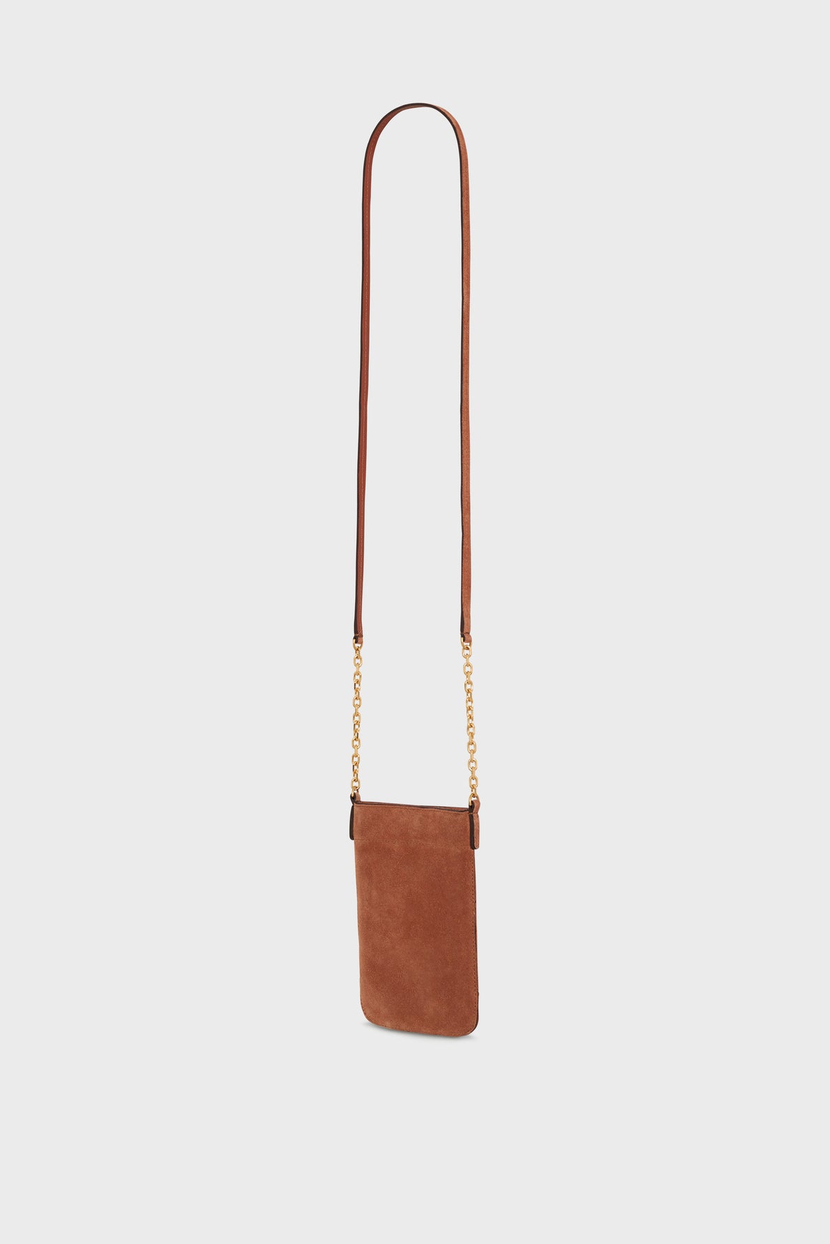 Small brown cuir velours crossbody bag with a long leather strap and elegant bandoulière chaîne gold accents, displayed against a plain white background.