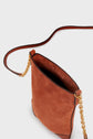 A brown cuir velours shoulder bag with a gold bandoulière chaîne and leather strap, shown from above against a light background. The bag is open, revealing its black interior and practical porte-téléphone compartment.