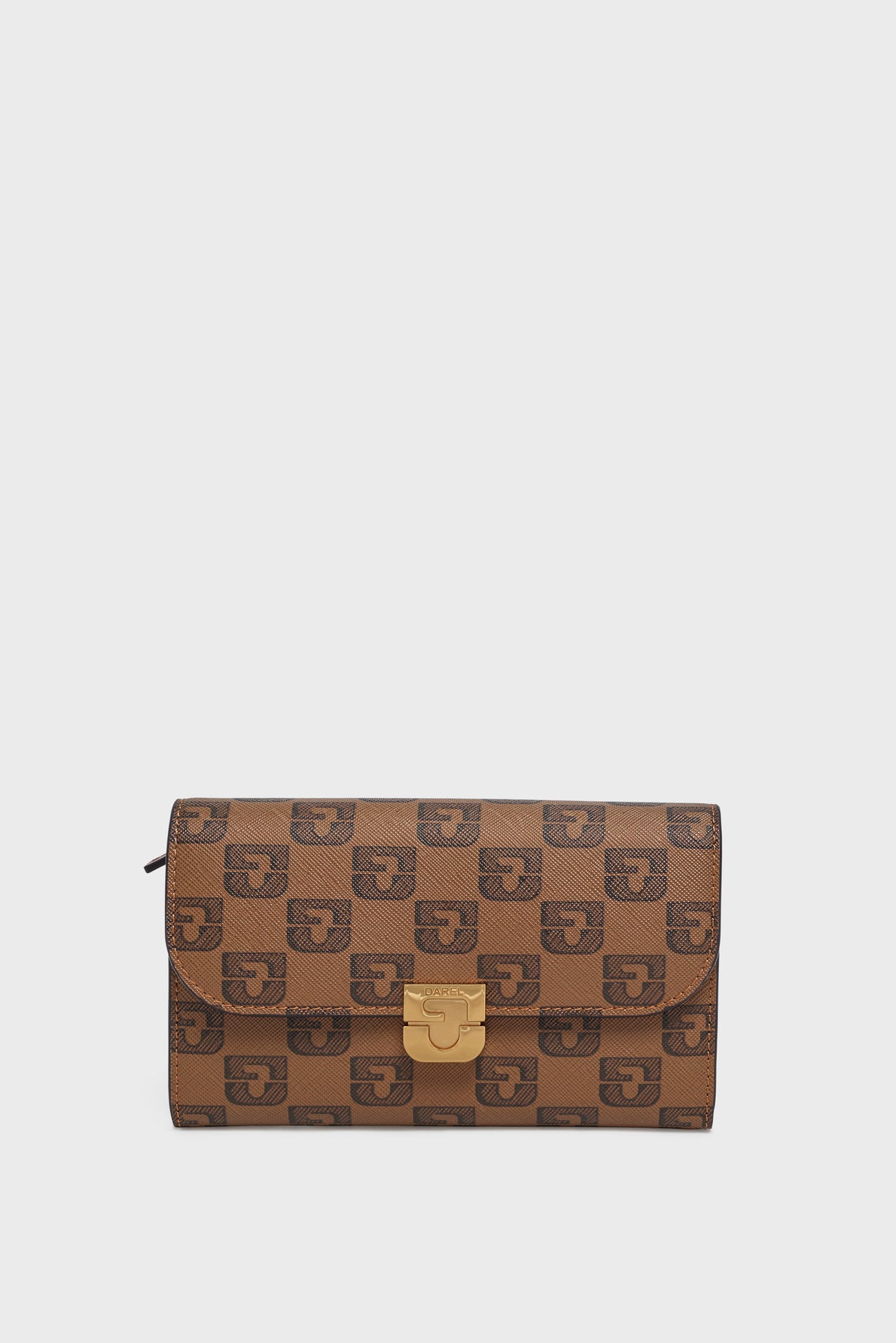A brown clutch purse with a repeating dark brown geometric pattern reminiscent of toile enduite monogrammée and a gold clasp, displayed on a plain white background—an accessoire élégant perfect for any occasion.