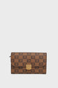 A brown clutch purse with a repeating dark brown geometric pattern reminiscent of toile enduite monogrammée and a gold clasp, displayed on a plain white background—an accessoire élégant perfect for any occasion.