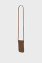 A small brown crossbody bag with a long strap and a checkered pattern featuring a repeating designer logo in toile enduite monogrammée, displayed against a plain white background. This chic porte-téléphone also features a practical fermeture magnétique for secure and easy access.