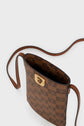 Brown checkered crossbody bag with a long strap, gold-tone clasp, and open top. Crafted from toile enduite monogrammée, the bag features a patterned interior and exterior with a repeating design. Ideal as a chic porte-téléphone, it combines style and practicality for everyday use.
