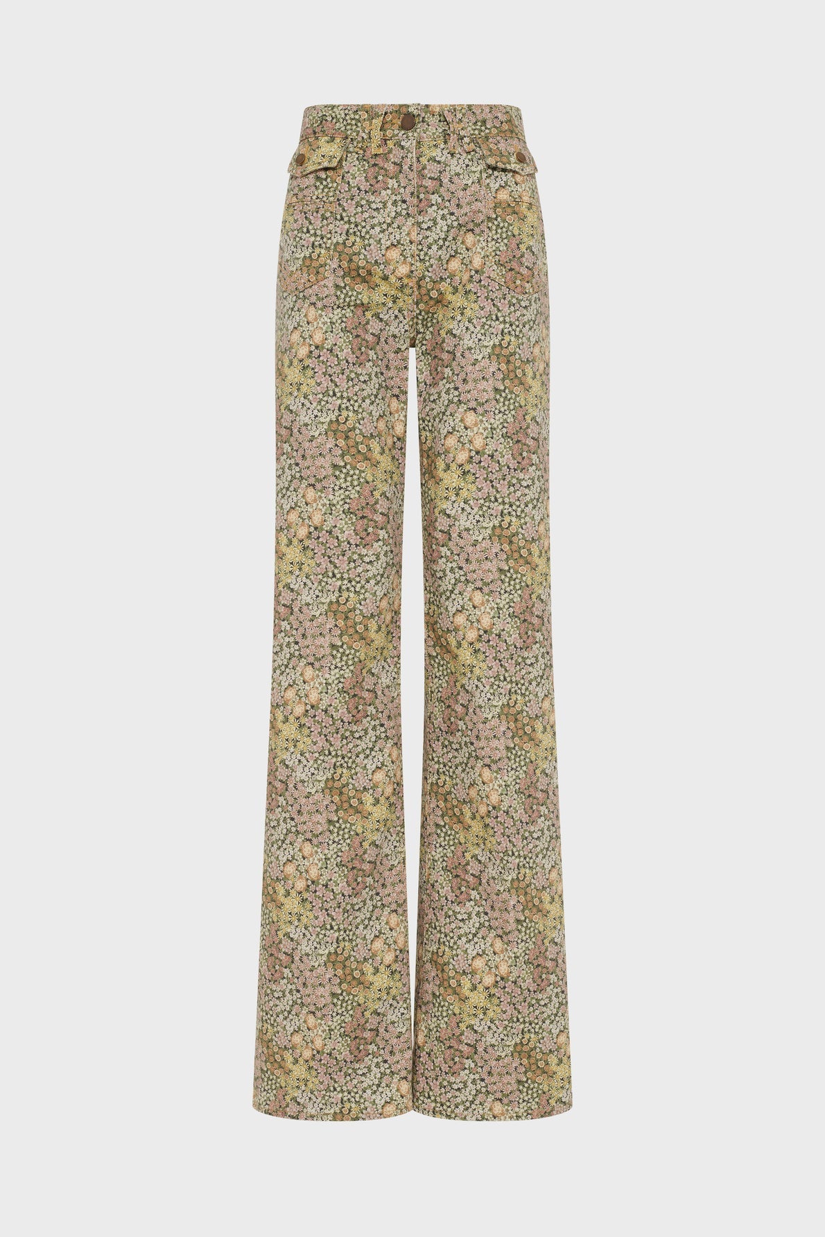 High-waisted, wide-leg pantalon flare with a multicolored motif floral pattern in shades of yellow, pink, and green, displayed on a plain white background.