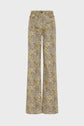 High-waisted, wide-leg pantalon flare with a multicolored motif floral pattern in shades of yellow, pink, and green, displayed on a plain white background.