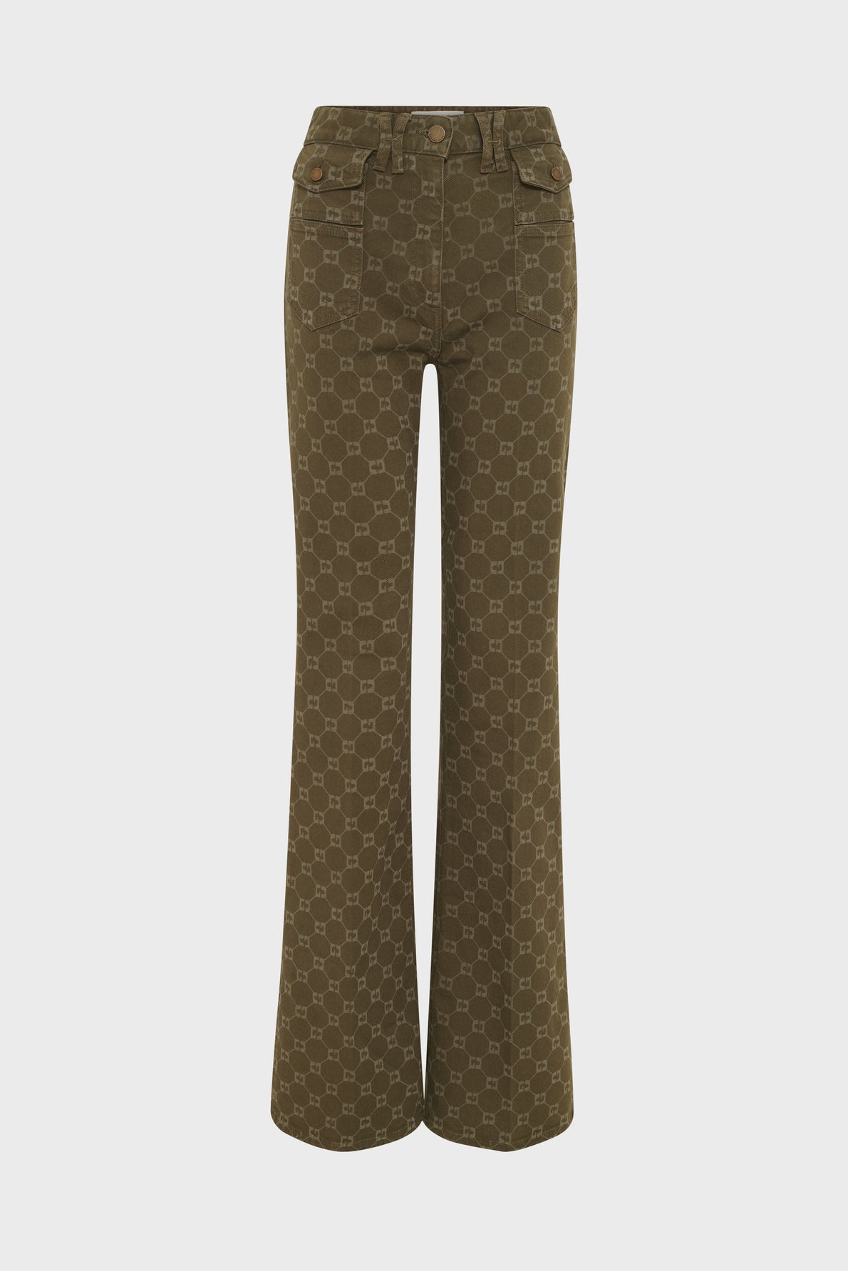 Olive green high-waisted flared pants with a subtle geometric monogram pattern, these jean taille haute feature front and back pockets, belt loops, and a button and zipper closure.
