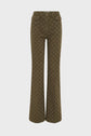 Olive green high-waisted flared pants with a subtle geometric monogram pattern, these jean taille haute feature front and back pockets, belt loops, and a button and zipper closure.