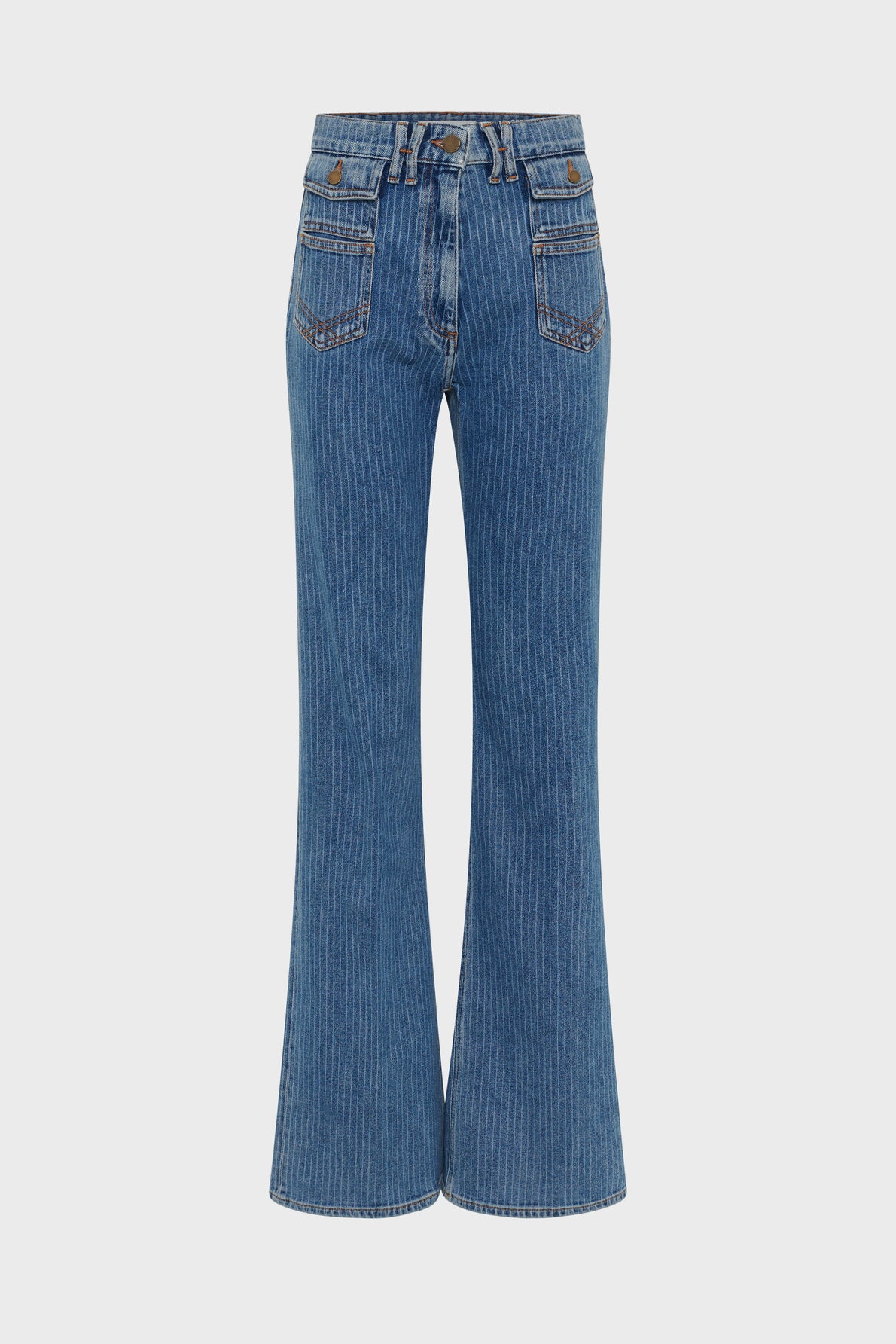 High-waisted blue jeans, also known as the jean ANNA, with vertical white pinstripes and a coupe flare silhouette, featuring front pockets, visible stitching, and a button closure.