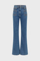 High-waisted blue jeans, also known as the jean ANNA, with vertical white pinstripes and a coupe flare silhouette, featuring front pockets, visible stitching, and a button closure.