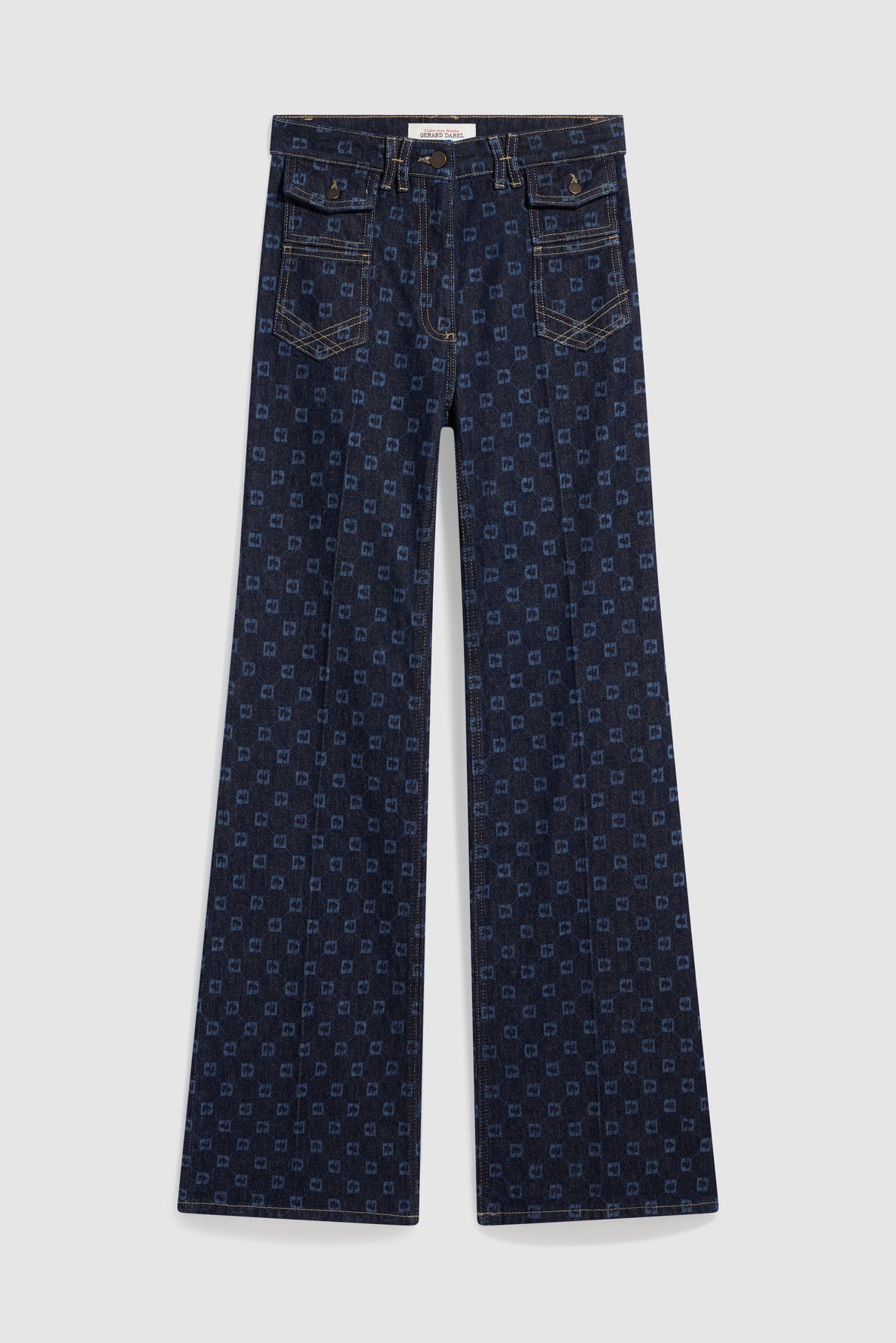 Dark blue taille haute wide-leg jeans with front patch pockets and an all-over repeating motif monogramme, laid flat on a white background.