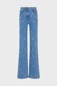 Blue high-waisted flared jeans with front pockets and an all-over small embroidered flower pattern, displayed on a white background.