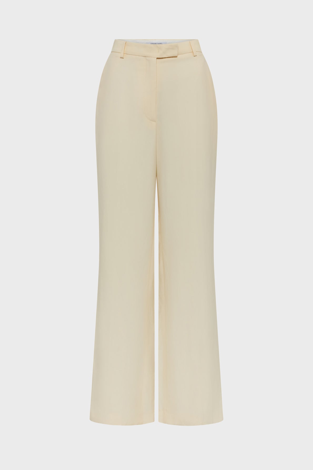 Wide-leg, high-waisted beige trousers with a front zipper and button closure, perfect as a pantalon tailleur femme for a tenue bureau chic, shown against a plain white background.