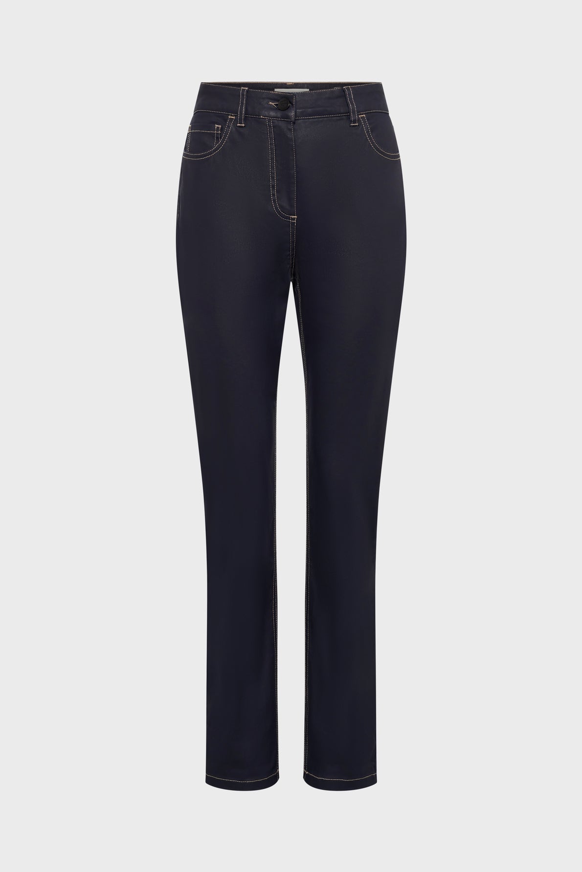 A pair of dark blue straight-leg jeans with a fini satiné, featuring front and back pockets, visible stitching, and a button closure, displayed on a plain white background.