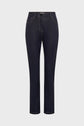 A pair of dark blue straight-leg jeans with a fini satiné, featuring front and back pockets, visible stitching, and a button closure, displayed on a plain white background.