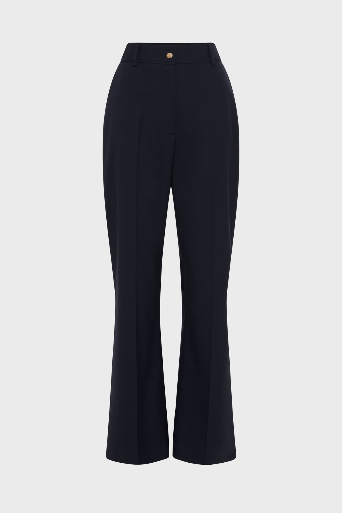 Black tailored womens dress pants with a slight flare at the bottom, front center seam, belt loops, and a button closure at the waist, displayed against a plain white background.