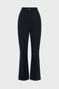 Black tailored womens dress pants with a slight flare at the bottom, front center seam, belt loops, and a button closure at the waist, displayed against a plain white background.